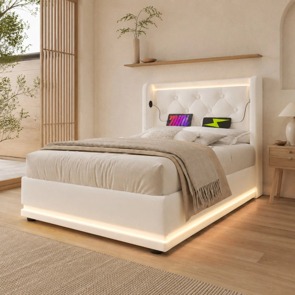 Letto singolo contenitore 90x200 cm in PU bianco, con testiera imbottita, USB Tipo-C e LED a 3 lati, senza materasso