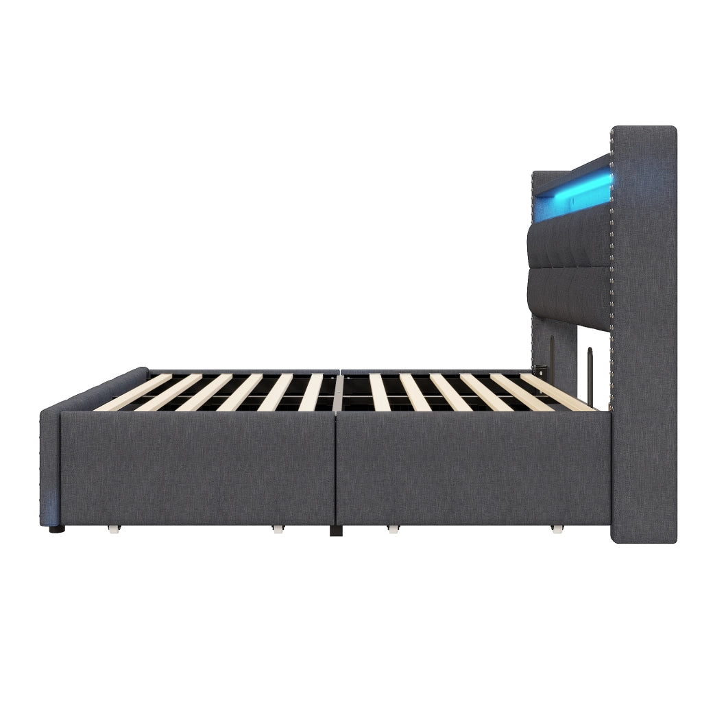 LETTO imbottito 160x200 cm Grigio con LED, USB, cassetti e ripiani