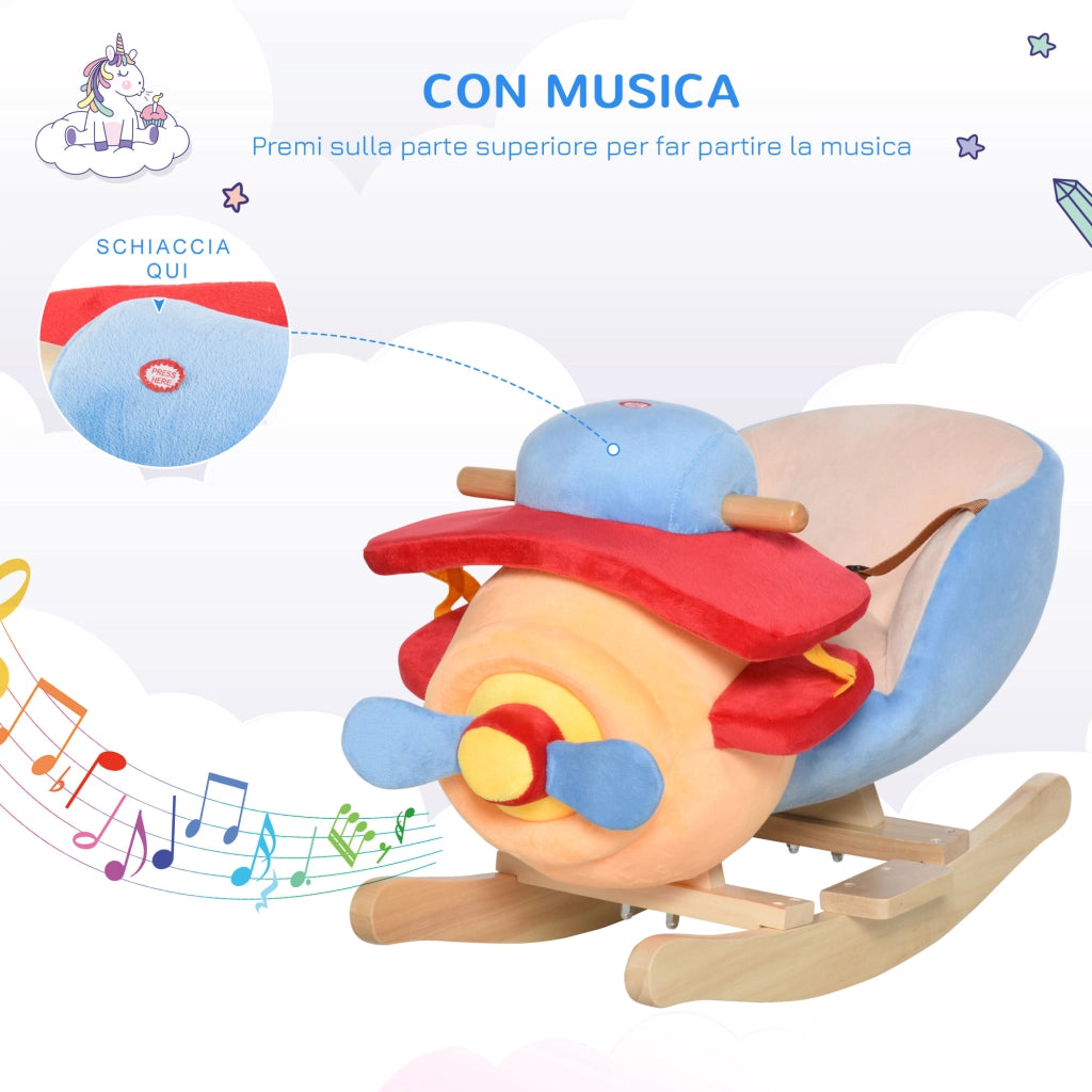 Cavallo a Dondolo a Forma di Aeroplano per Bambini di Et¨¤ Superiore a 18 Mesi, Cacalluccio a Dondolo con Musica Incorporata in Legno Alamo, Max:60kg 60x33x45cm