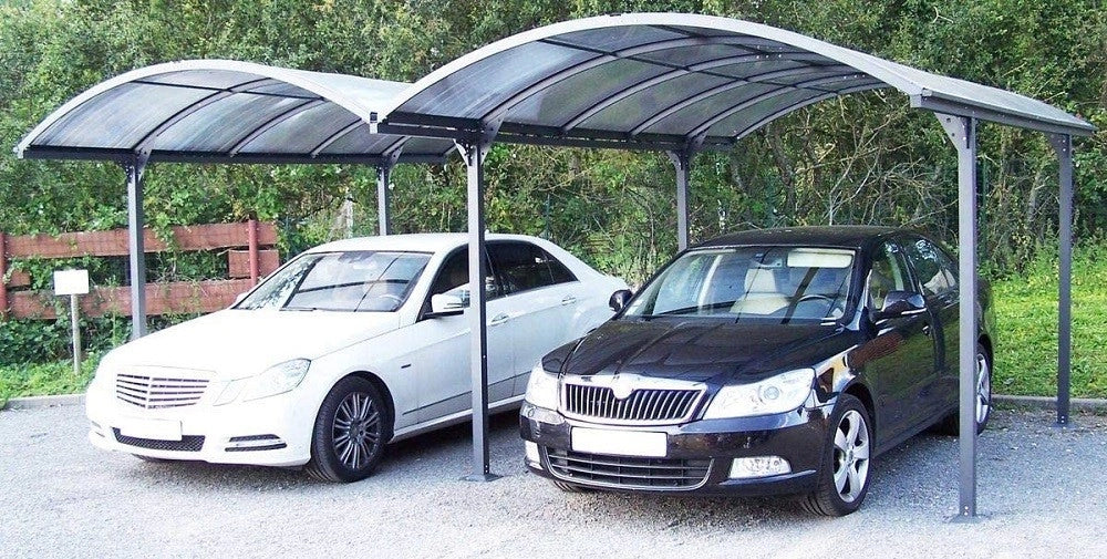 Carport FORESTA tettoia doppia arrotondata per 2 auto, in alluminio,tetto policarbonato, dimensioni 600x480x250H