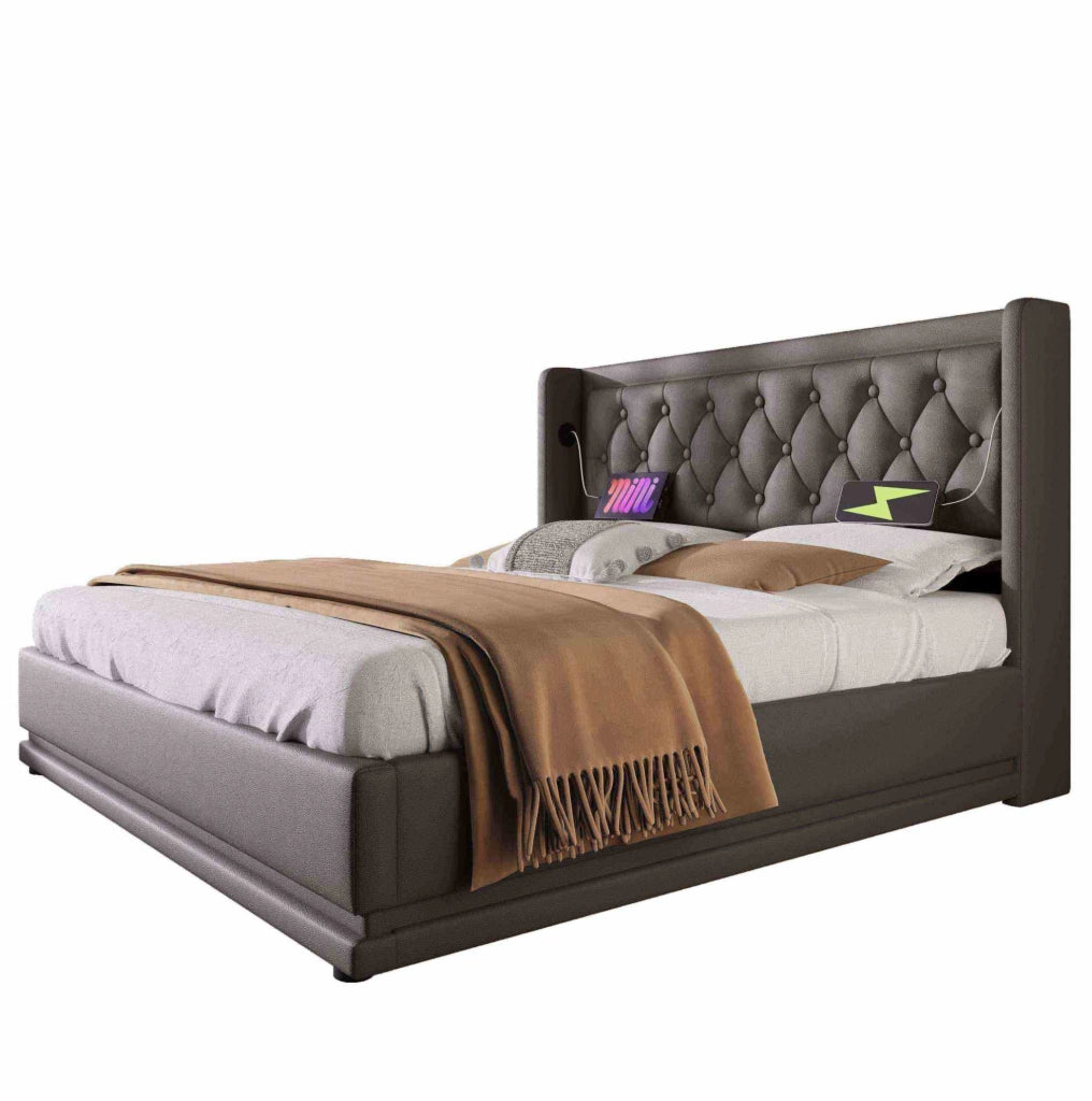 Letto imbottito 140x200 cm nero PU con contenitore idraulico, LED e USB-C