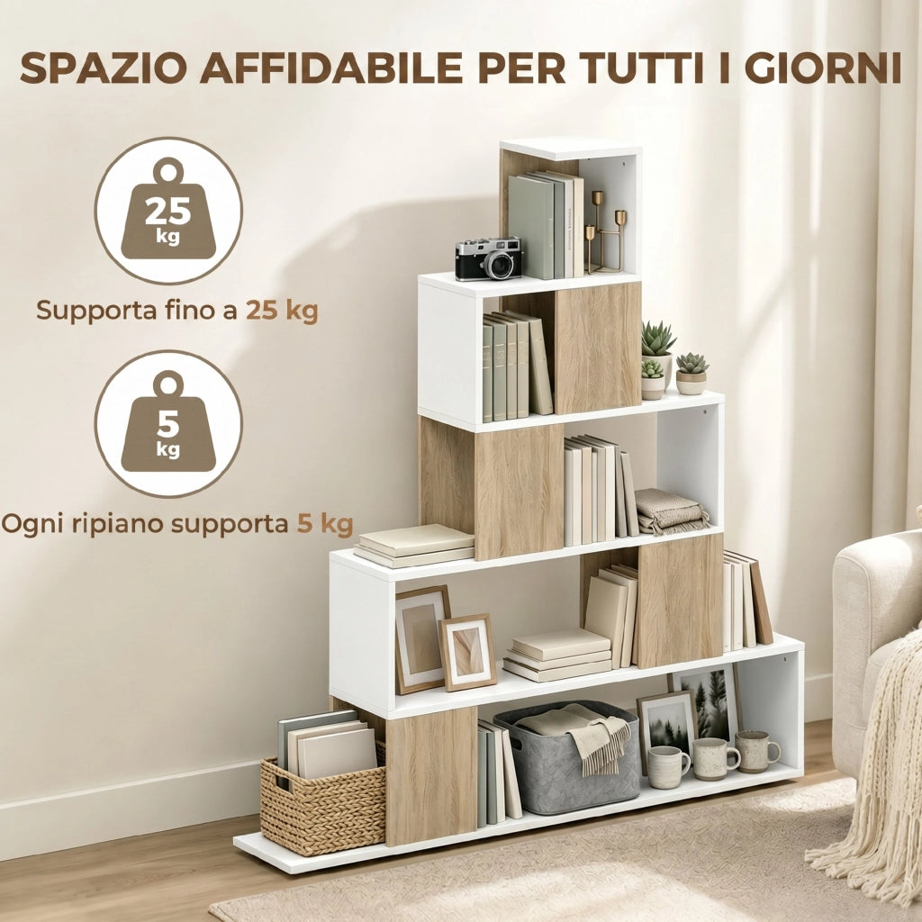 Libreria Moderna a 5 Ripiani con Design a Gradini, 120x22x131.5 cm, Bianco e Legno