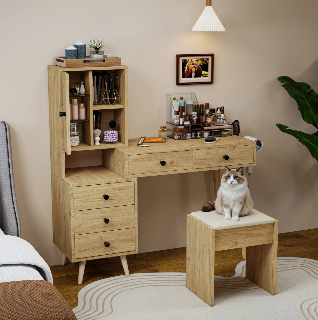 Tavolo da trucco moderno con specchio estraibile; piano allungabile 84 x 40 cm; legno ingegnerizzato naturale e beige