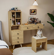 Tavolo da trucco moderno con specchio estraibile; piano allungabile 84 x 40 cm; legno ingegnerizzato naturale e beige