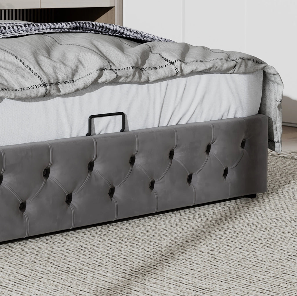 Letto matrimoniale imbottito con contenitore 140x200 cm in velluto grigio; stile Chesterfield