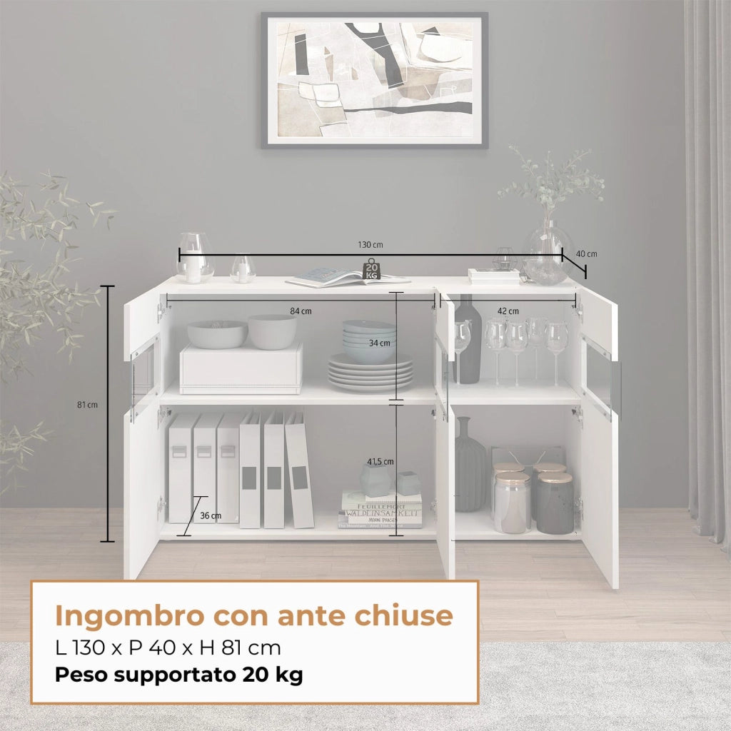 WHOUS Credenza Potenza con 3 ante bianco lucido 130x40x81 cm