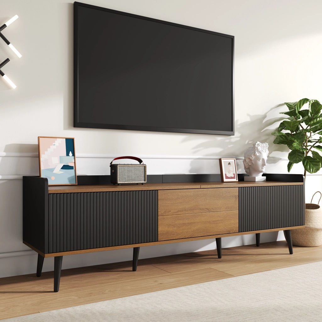 Mobile TV con 3 Ante; Bordo Rialzato e Dispositivo Antiribaltamento; per Soggiorno; in MDF; 160 × 39 × 49.5 cm; Nero e Naturale