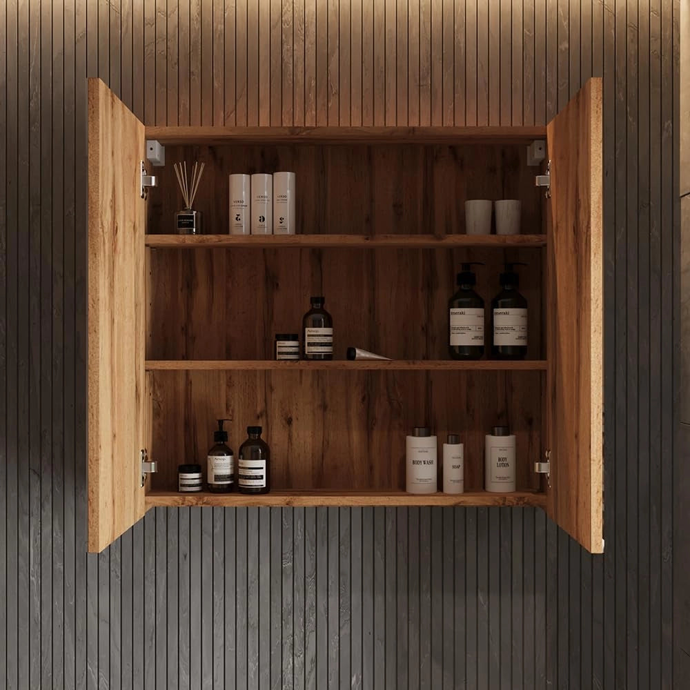 Specchio contenitore bagno Lotta, Rovere, 79.7 x 73.2 cm con 2 porte, per montaggio a parete con specchio integrato e ripiani