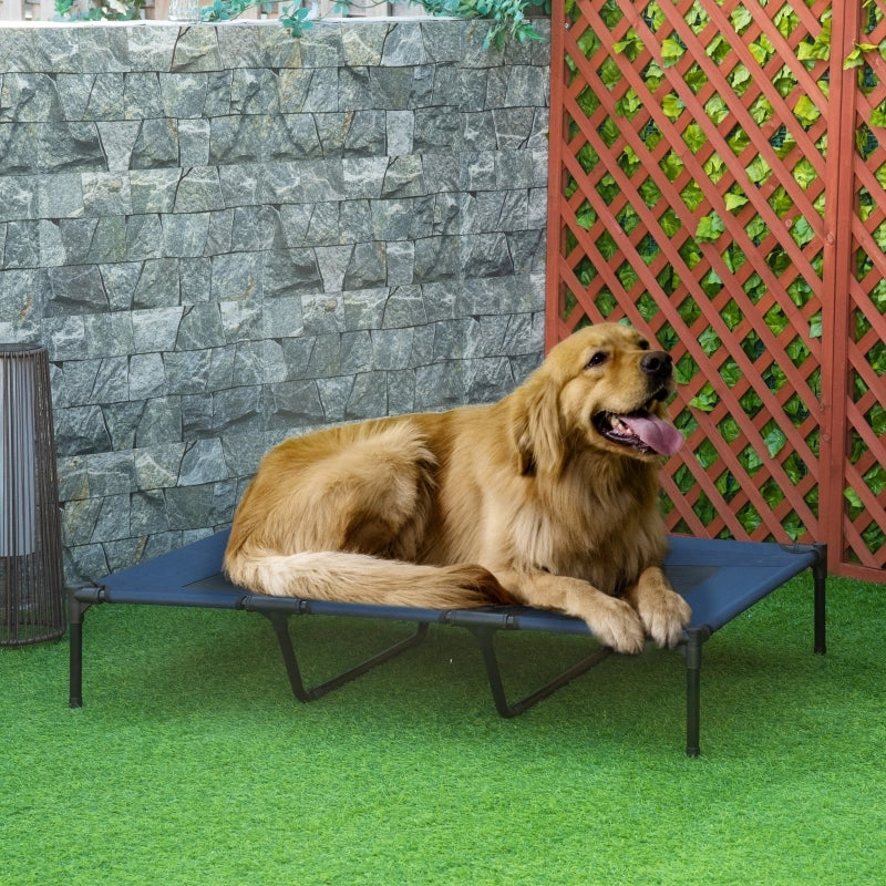 Letto rialzato per cani pieghevole con struttura stabile e borsa per riporlo in metallo blu scuro 122 × 92 × 23 cm