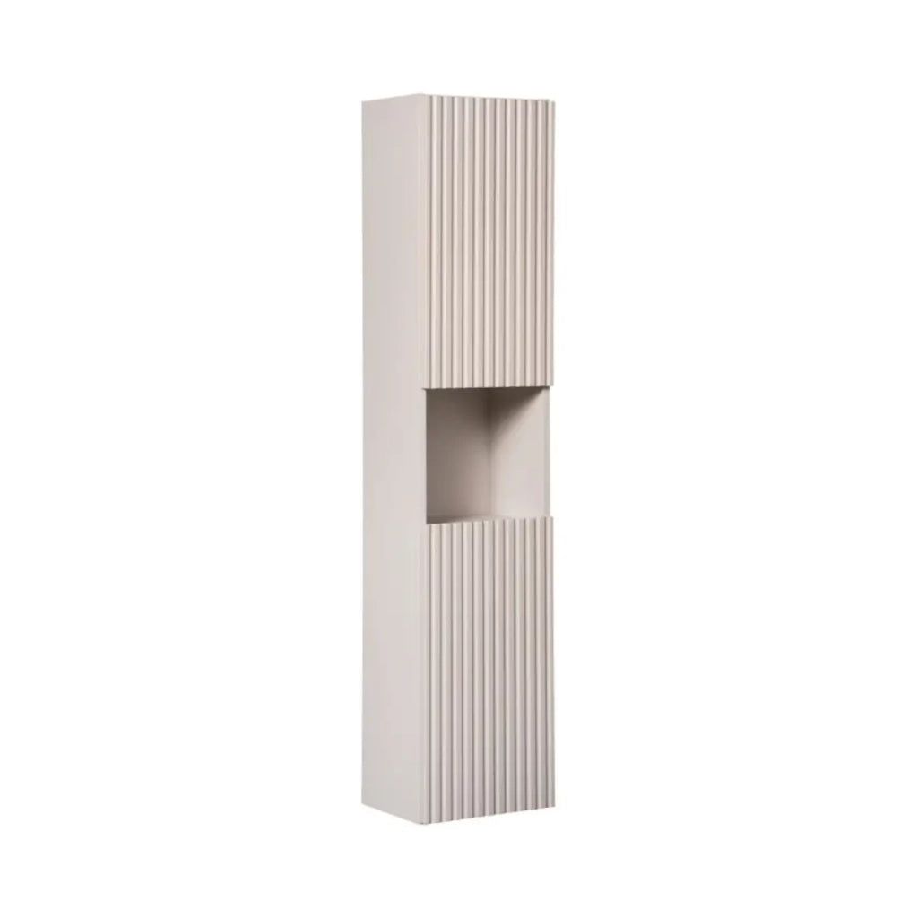 Set VANO cashmere e bianco 110cm: mobile sottolavabo con cassetti + lavabo da appoggio bianco scanalato + colonna