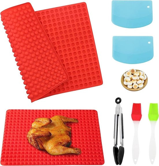 Set di 2 mattonelle per cani, mattonella in silicone (1 cm) per biscotti per cani e leccornie, con 1 clip per cibo, 2 spatole per impasto e 2 spazzole per biscotti (2 forme, rosse)