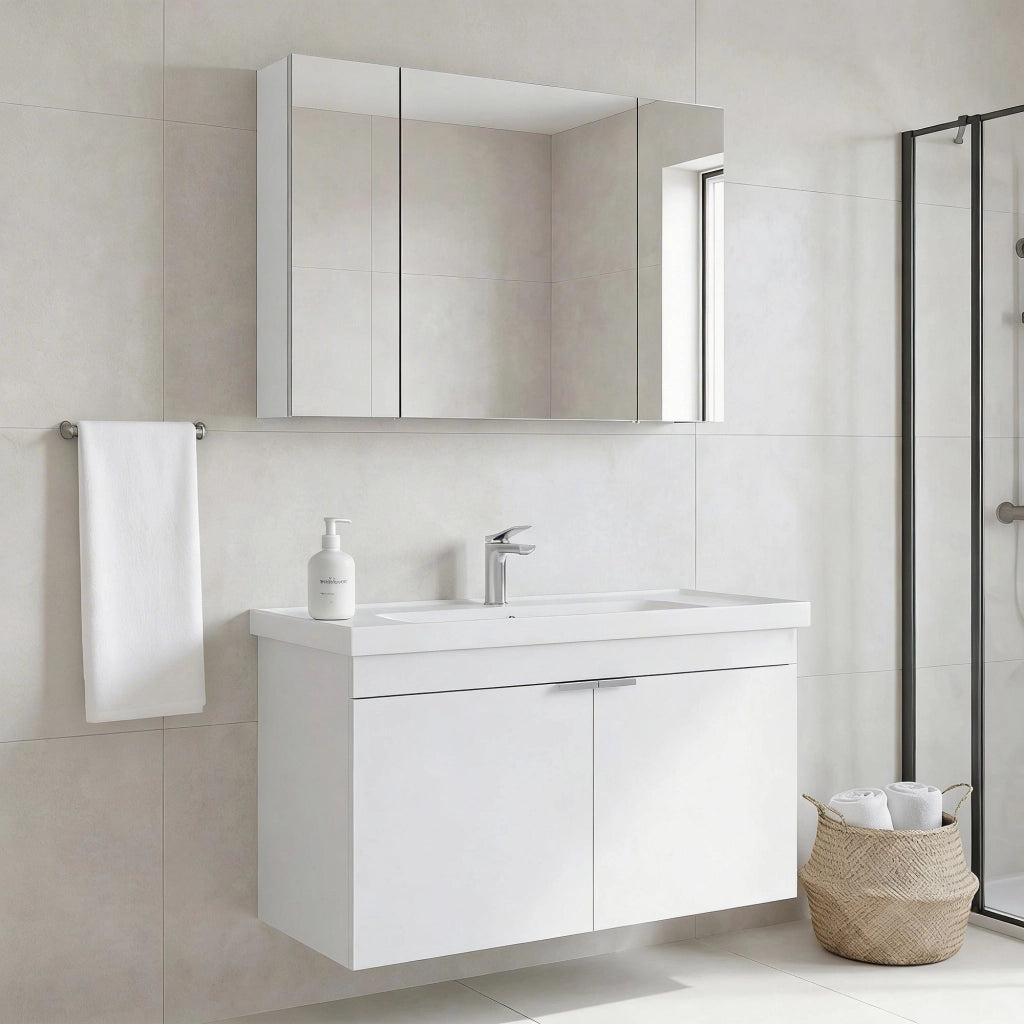 Set mobile lavabo con specchio (2 pezzi) "Desna 100" - 100 x 45 x 58 cm - Bianco opaco