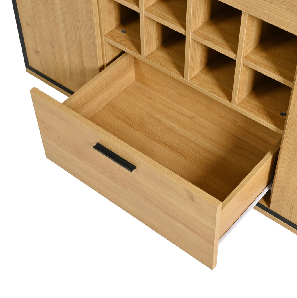 Credenza portabottiglie 110x38x111 cm con 2 ante; LED e divisorio in vetro; legno naturale e nero