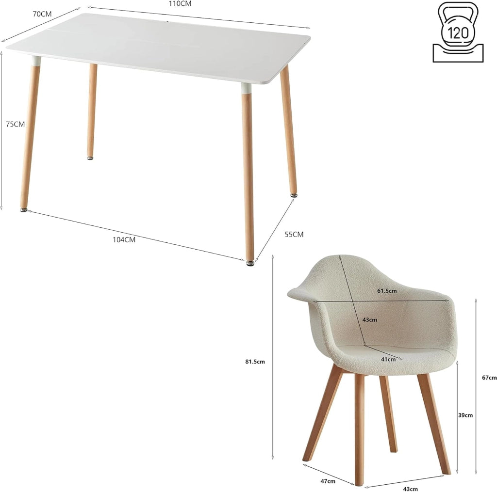 GrandCA HOME Set Tavolo da Pranzo e Sedie, Tavolo da Pranzo Quadrato da 110cm e 4 Poltrone in Lino Patchwork Adatte a Sala da Pranzo, Cucina, Soggiorno (Bianco + Cachi)