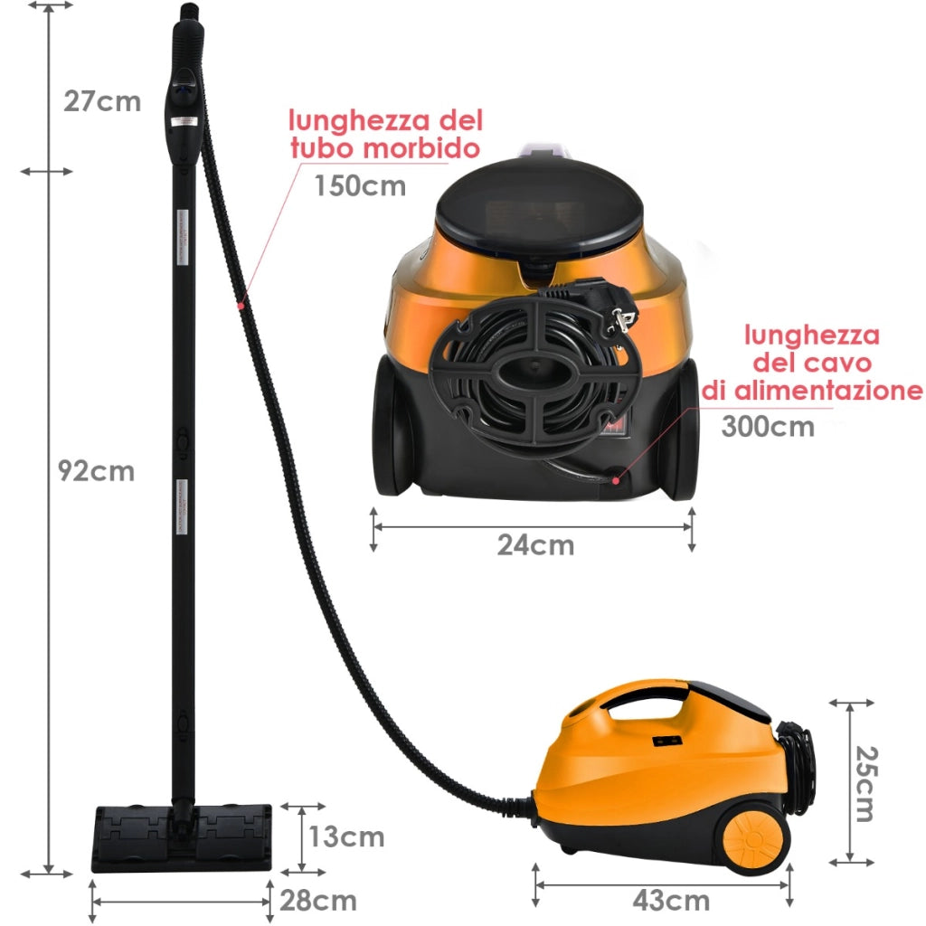 Pulitore a vapore con 19 accessori e serbatoio da 1,5 litri per pulizia tappeti-Pulitore a vapore pavimenti finestre 2000W Arancione