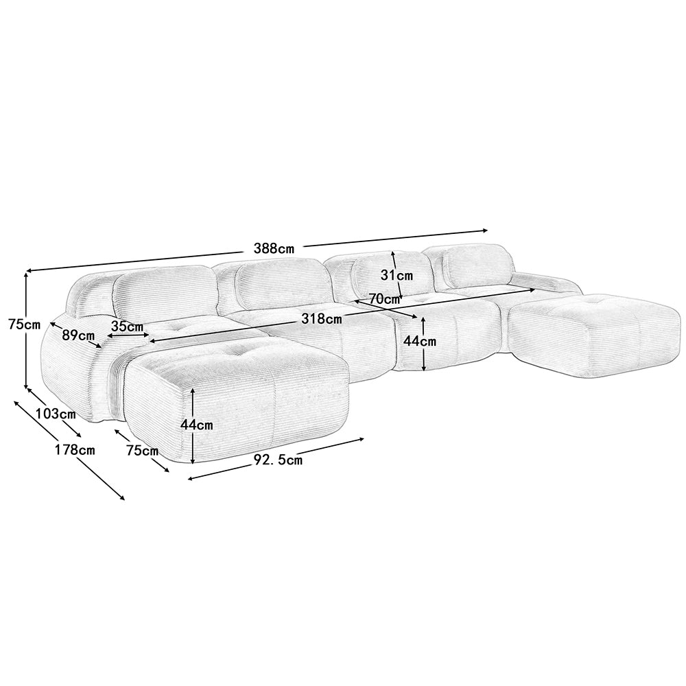 Divano a U senza montaggio - Xylo - Velluto traspirante, braccioli XL, 32D, grigio