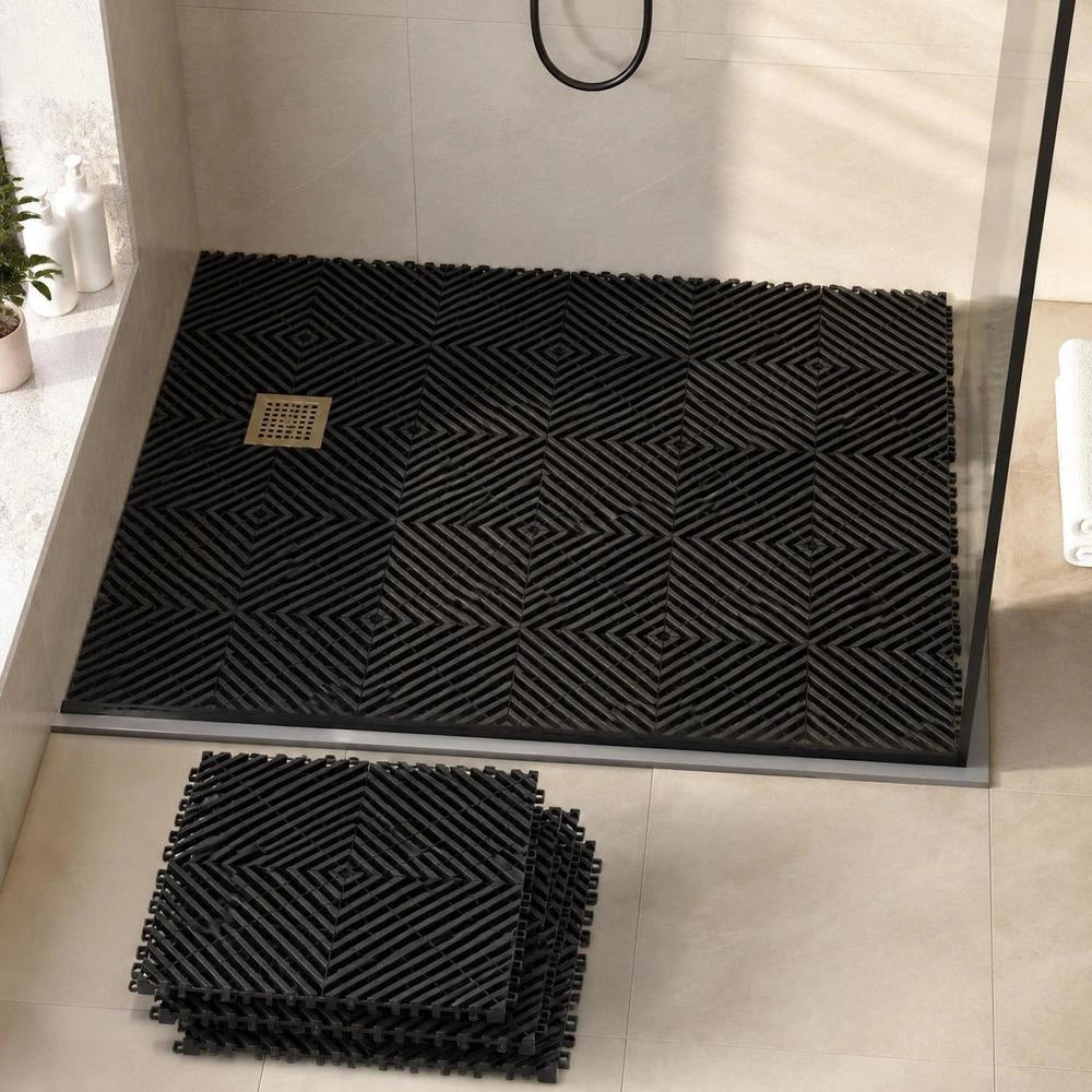 Interlocking Drainage Mat 31 X 31 Cm, Modular Interlocking Mats, 12 Pieces, Connectable Drainage Mats, Non-slip Black Floor Tiles & Shower Mat, For Garage Garden