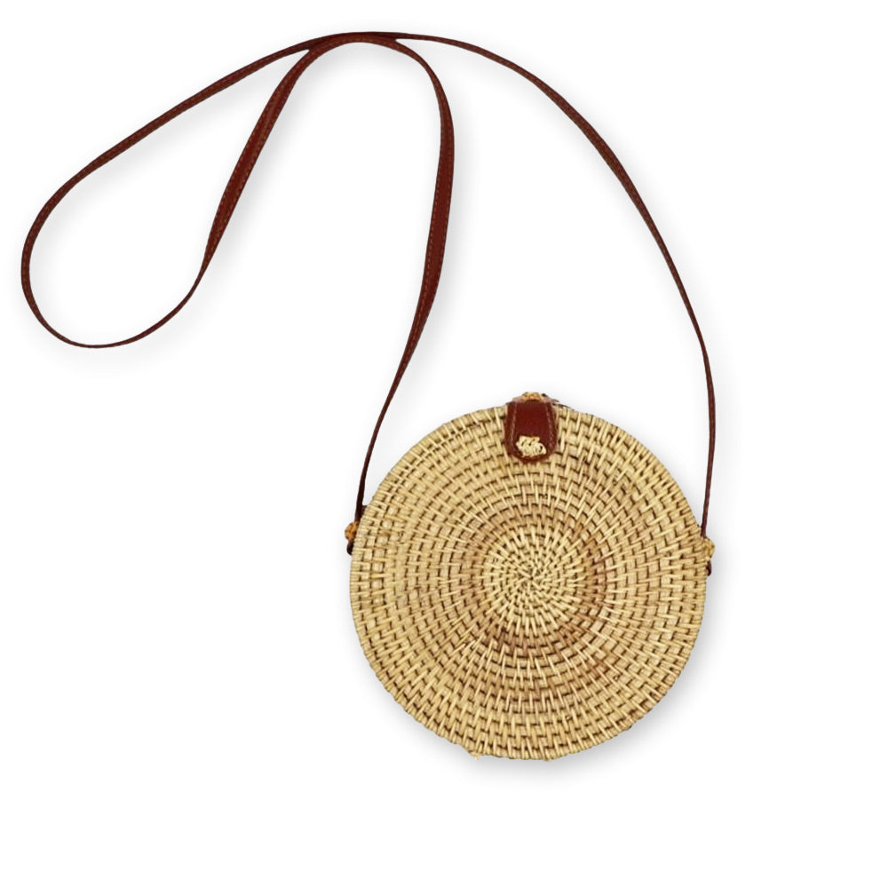 Borsetta rotonda in vimini intrecciato tracolla simipelle cm 17 x 6.5 12 pezzi
