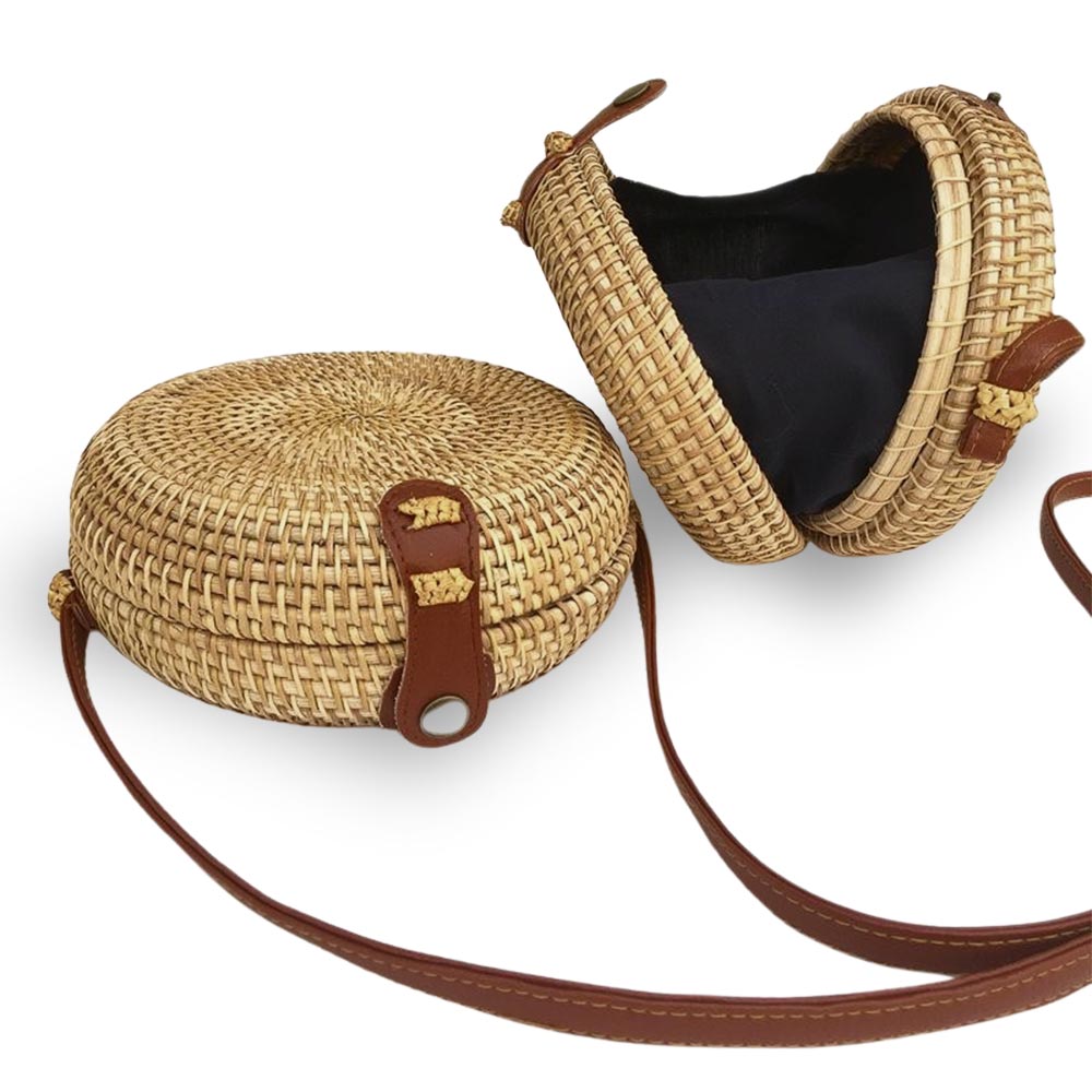 Borsetta rotonda in vimini intrecciato tracolla simipelle cm 17 x 6.5 12 pezzi