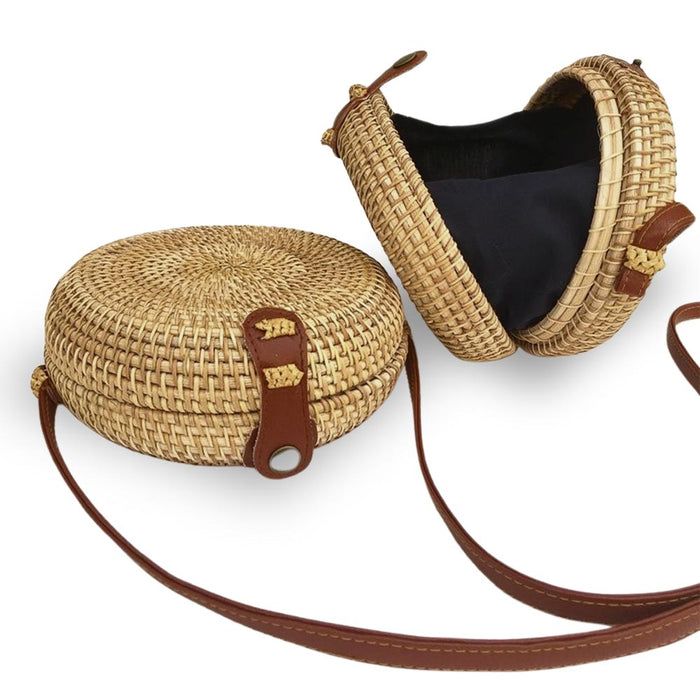 Borsetta rotonda in vimini intrecciato tracolla simipelle cm 17 x 6.5 12 pezzi