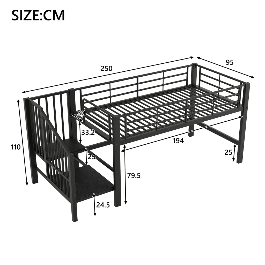 Letto a soppalco 90 × 200 cm con scala contenitore, senza materasso, per bambini, metallo nero