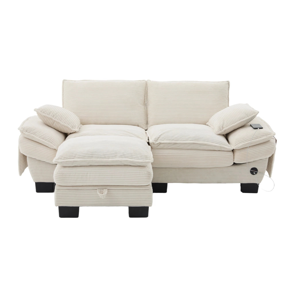 Divano 2 posti 190x132x84 cm beige in velluto a coste, con pouf contenitore