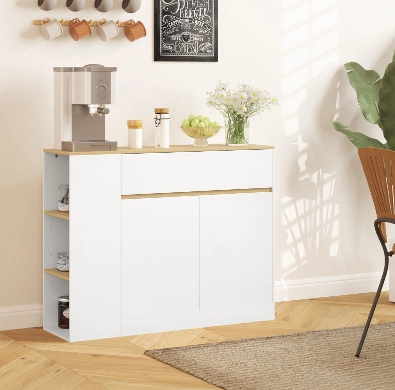 Mobiletto laterale da cucina bianco con cassetto e ripiani regolabili 105x30x81,5 cm