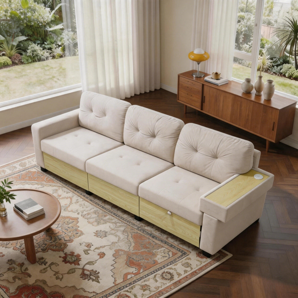 Divano angolare modulare con chaise longue estraibile USB contenitore e bracciolo con ripiano in velluto beige per soggiorno
