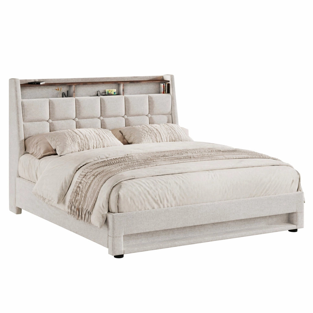 Letto matrimoniale imbottito 160x200 cm con LED e USB; beige chiaro in tessuto effetto lino