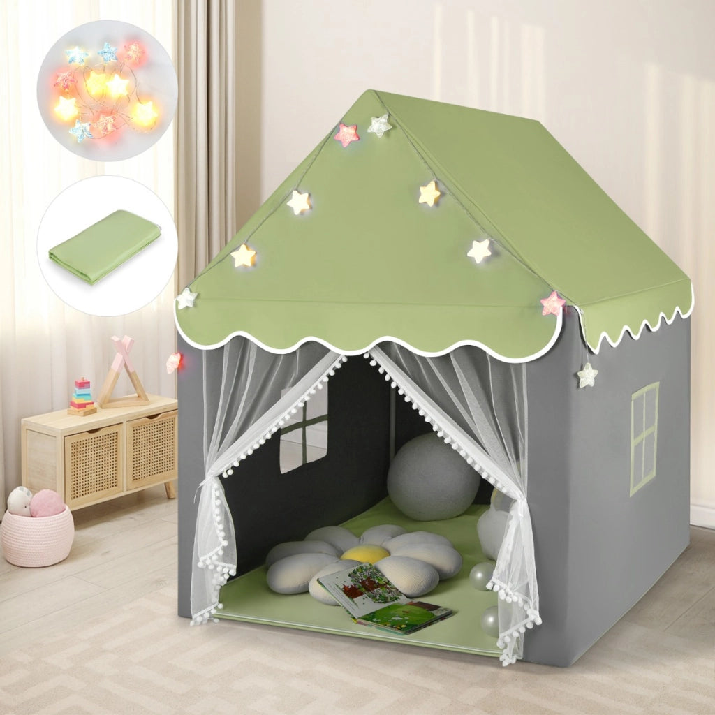 Tenda da gioco per bambini con tappetino lavabile, Tenda castello fatato con luci a forma di stella Verde-Tende e Casette per bambini