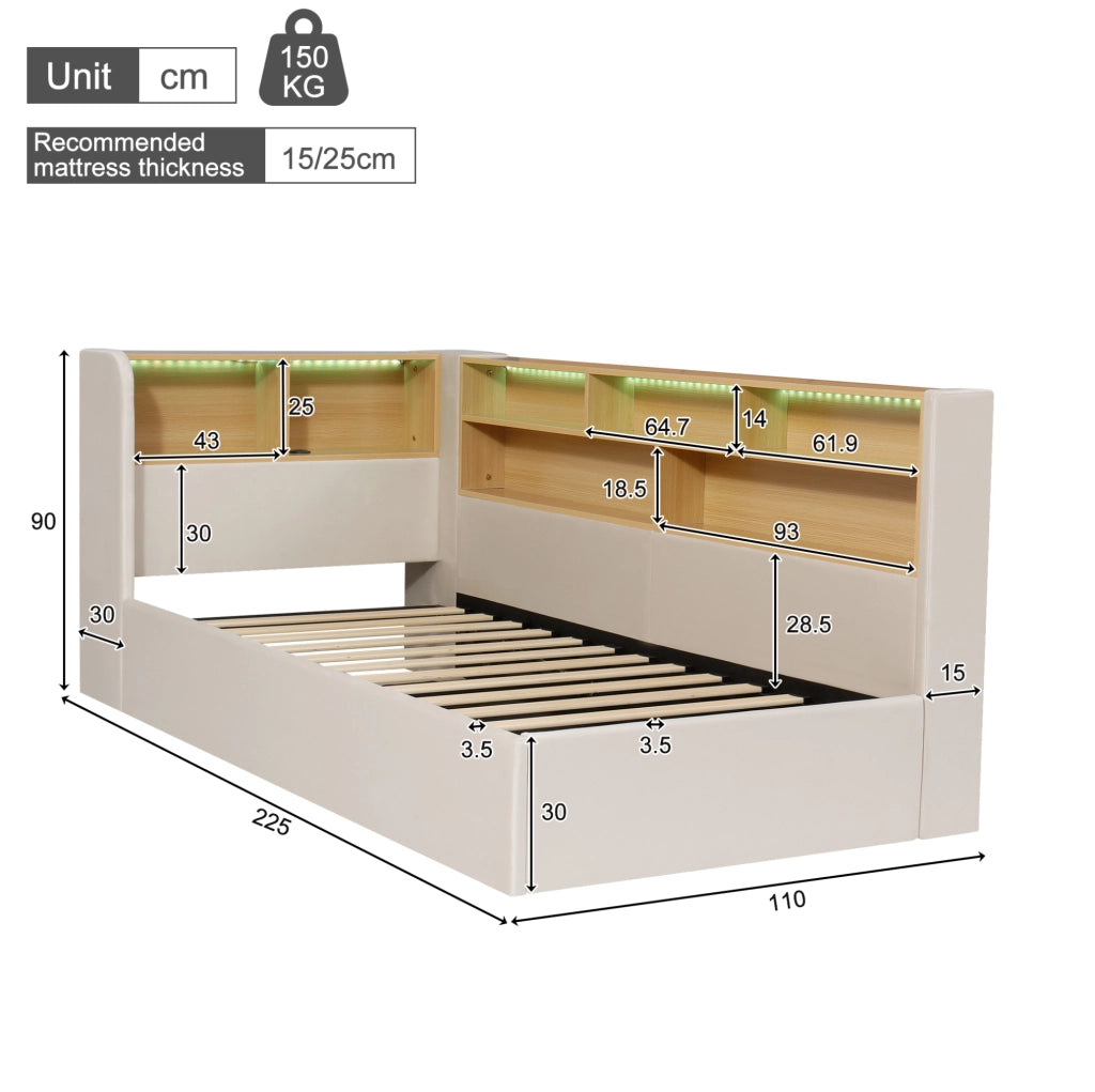 Letto con contenitore idraulico, LED e USB-C in velluto beige
