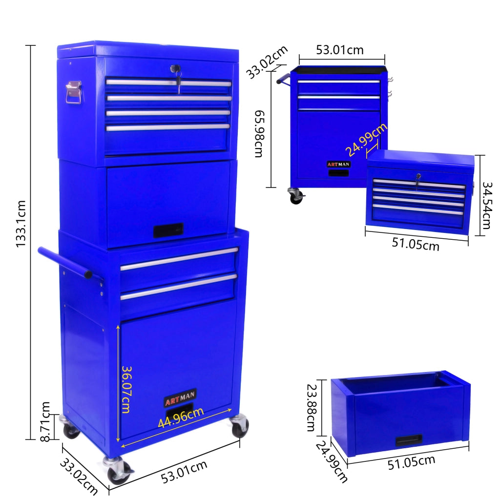 Cassettiera con ruote a 6 cassetti e sistema di blocco in acciaio per garage officina e autoriparazione blu