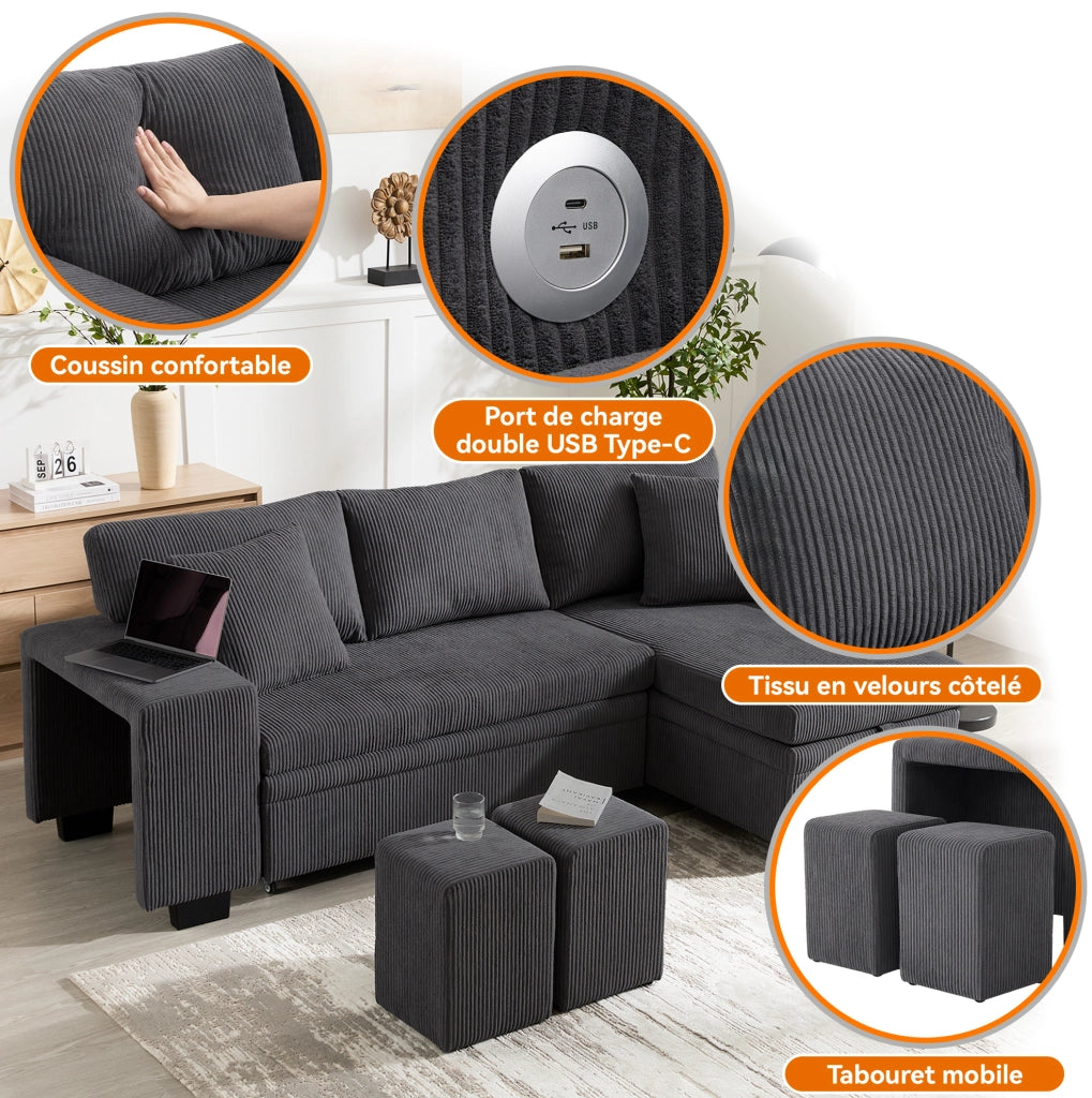 Divano letto angolare 3-4 posti in velluto a coste grigio con contenitore; USB e Type-C