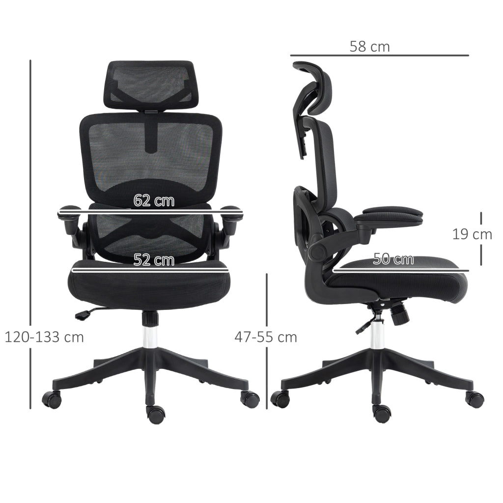 Sedia da Ufficio ad Altezza Regolabile con Inclinazione e Supporto Lombare, 62x58x120-133 cm, Nera