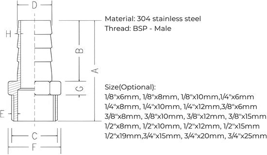 Connettore di Barb per Acqua/Gas/Liquidi - Pijpfitting - Slangstuk - Slangkoppeling - Pilaar in Acciaio Inossidabile SS304