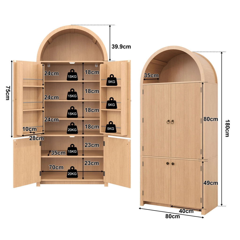 Armadio ad arco con 3 ripiani, 2 vani sulle ante e vano aperto superiore, per soggiorno, in MDF naturale, 80 × 40 × 180 cm