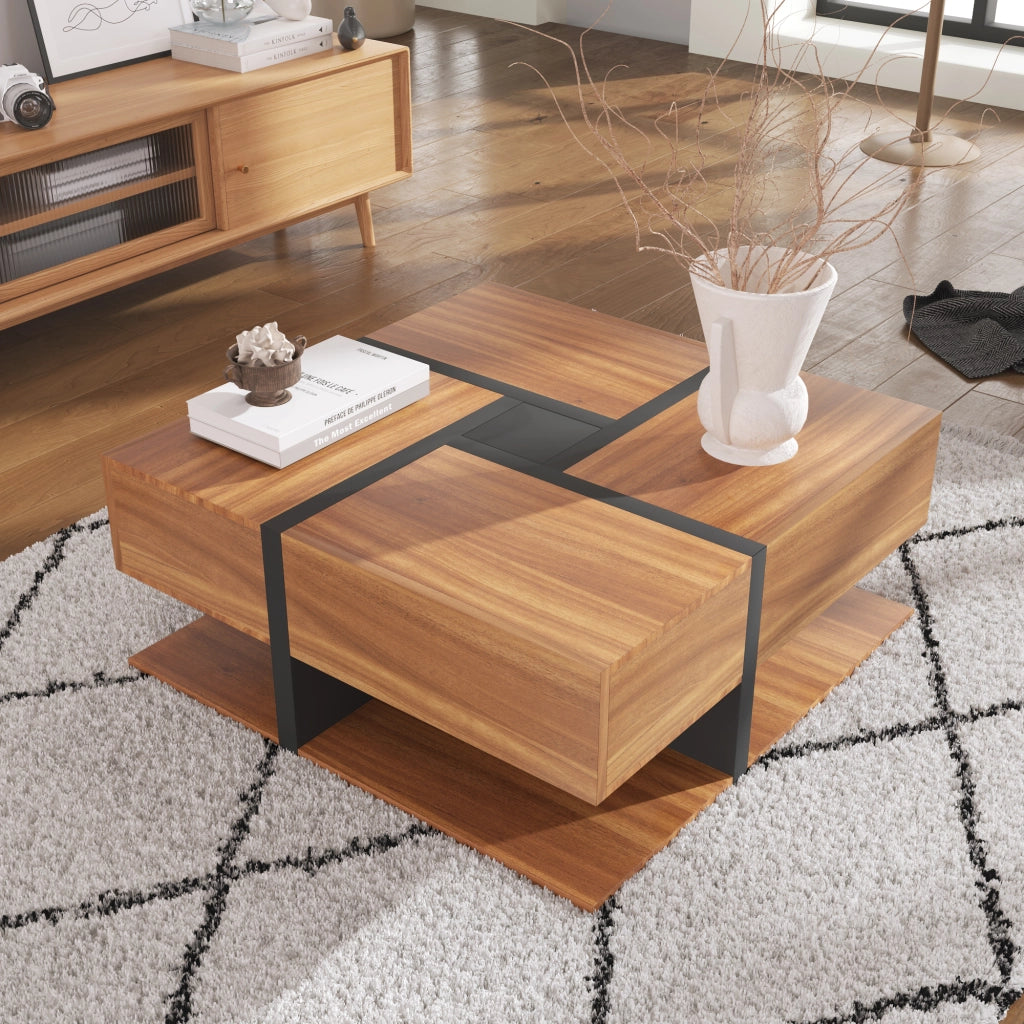 Tavolino da caffè quadrato con 4 Cassetti e 1 Vano Aperto per Soggiorno in Truciolato 78×78×36 cm Naturale