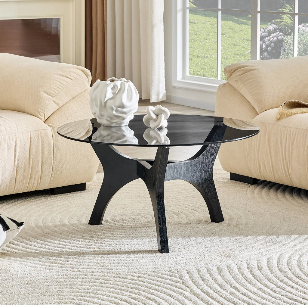 Tavolino da salotto rotondo ULEVR ?80 cm in vetro e MDF nero, con piedini antiscivolo