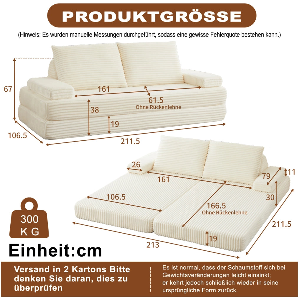 Divano modulare in velluto a coste beige 211,5 cm