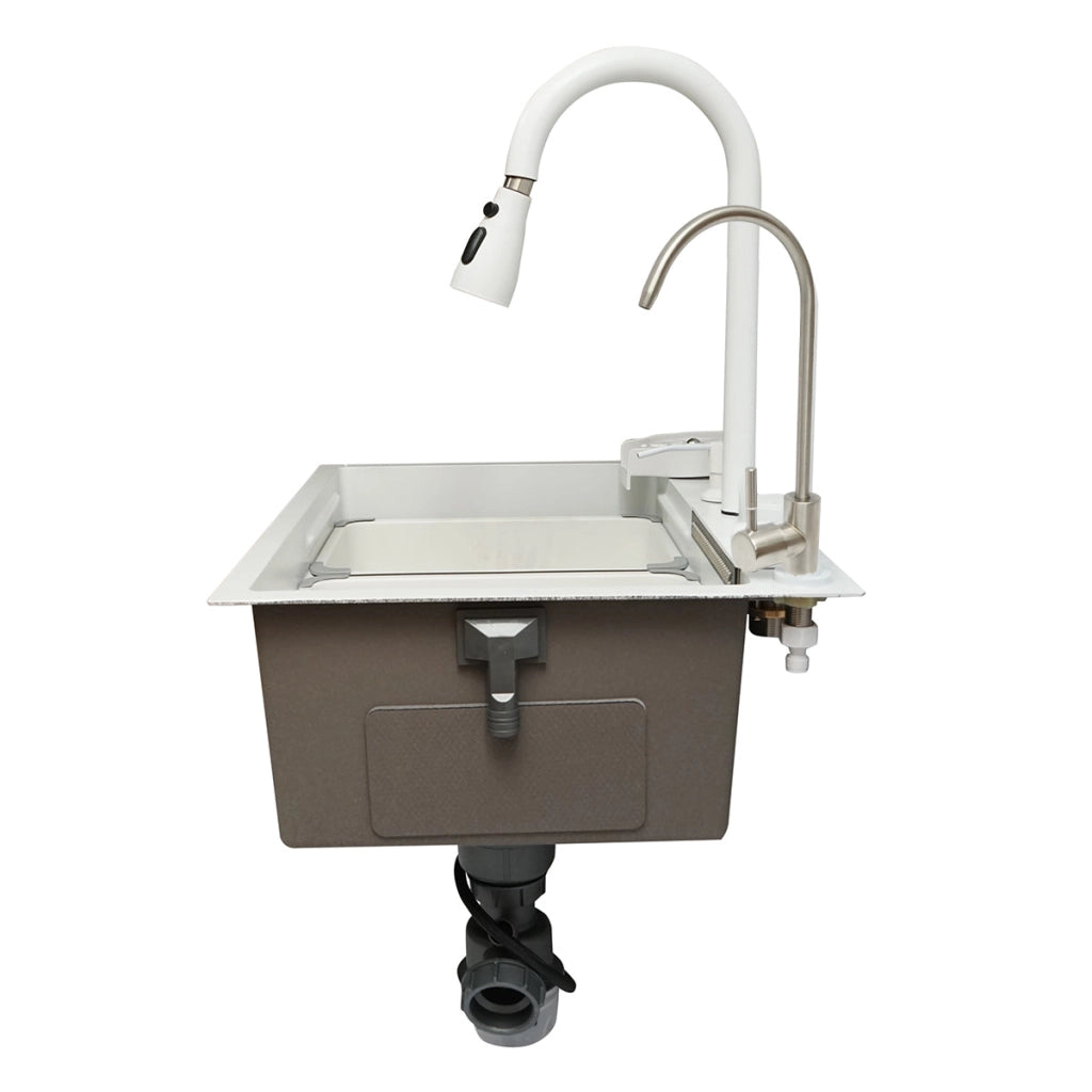 Lavello da cucina multifunzionale in acciaio inox con due rubinetti, funzione cascata, lavapentole, dispenser di sapone, scolapiatti, vassoio, tagliere e accessori di scarico inclusi, dimensioni 60×45×22 cm.