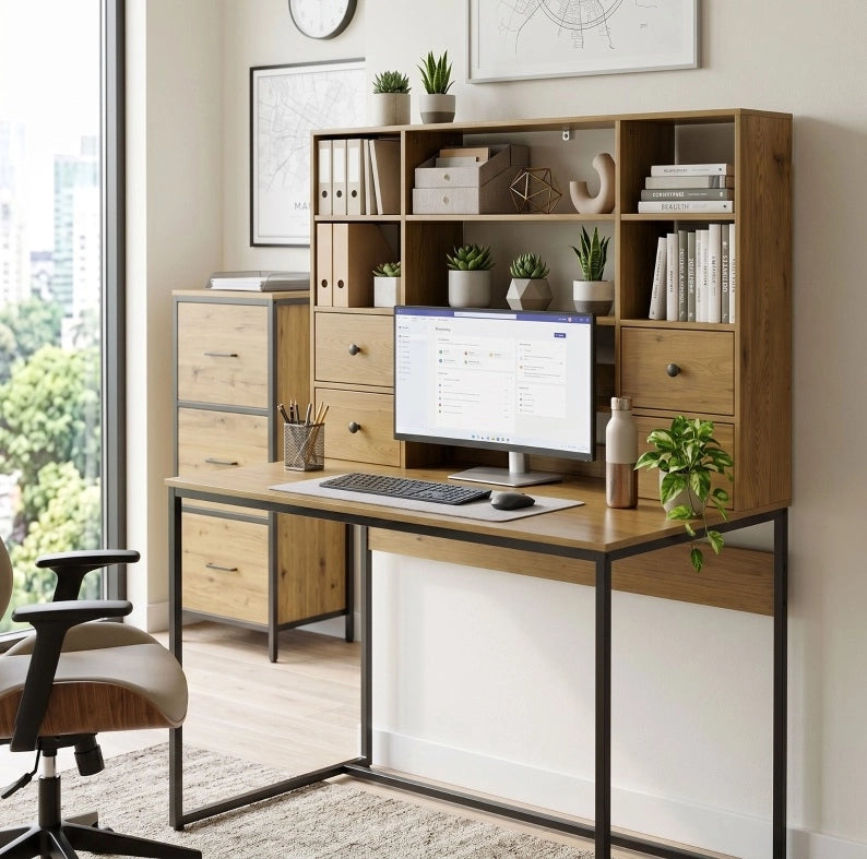 Scrivania con contenimento 105 cm in legno naturale， 4 cassetti e ripiani per studio