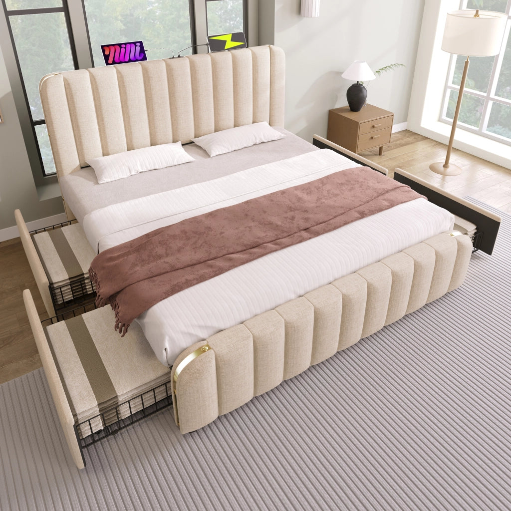 OKWISH Letto con Cassetti 180×200 cm, Letto Matrimoniale con 4 Cassetti, USB, Tipo C e Testiera Imbottita, senza Materasso, Beige