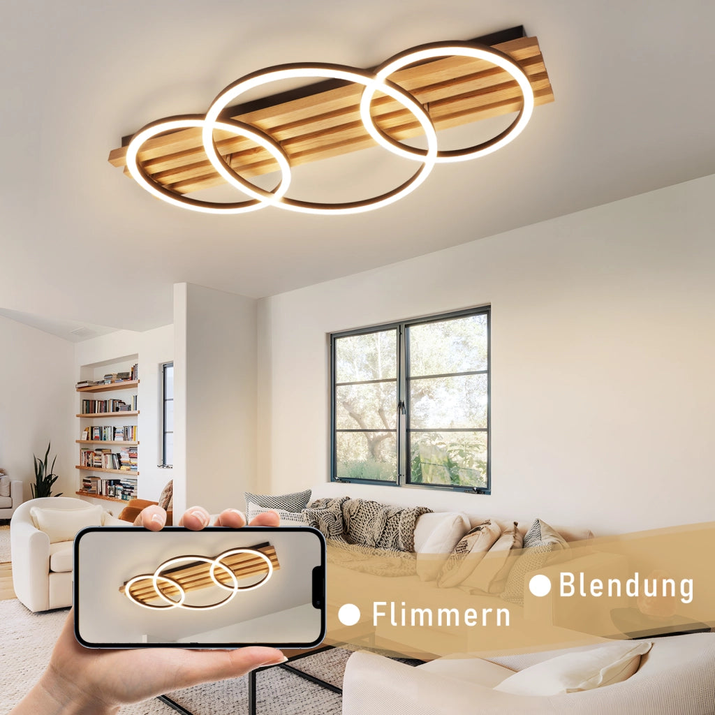 ZMH Lampada da soffitto plafoniera LED legno dimmerabile 70cm 46W 3 anelli design moderno nero telecomando per soggiorno
