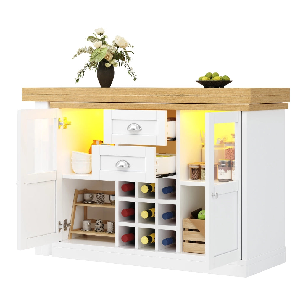 Tavolo da pranzo con 2 cassetti; 2 vani e LED - per cucina e sala da pranzo - in MDF - bianco