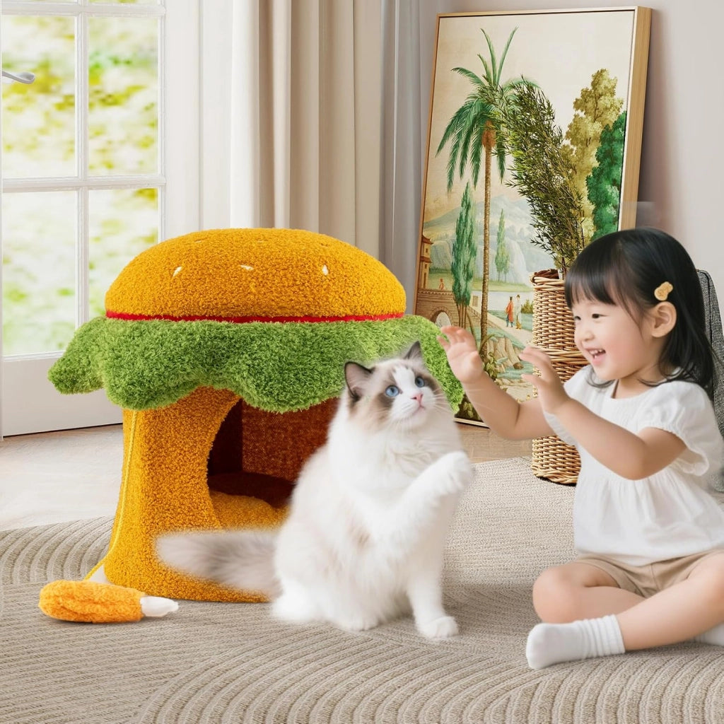 Cuccia per Gatti Carino, Condominio per Gatti a Forma di Hamburger con Cuccia Imbottita, Giocattolo Morbido Sospeso e Cuscino Morbido Rimovibile e Lavabile, Casa per Gattini, 37 x 37 x 41 cm