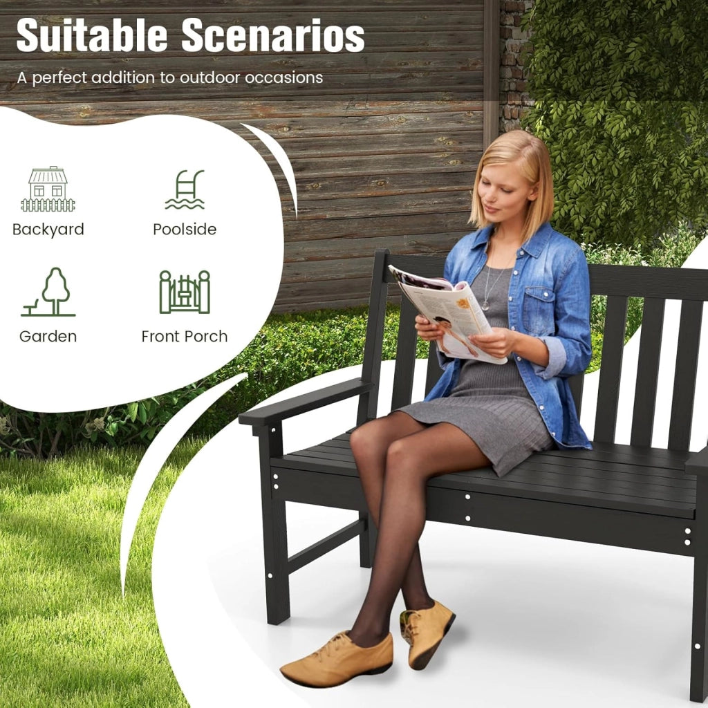 Panca da giardino per 2 persone, panca da parco in plastica con schienale alto, panca da esterno, resistente alle intemperie, per giardino, patio, terrazza, 132 x 65 x 91 cm