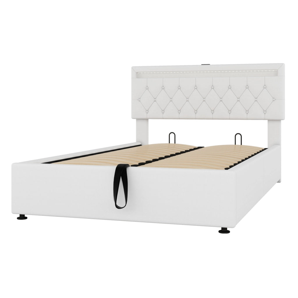 Letto matrimoniale 140x200 cm imbottito con contenitore; LED integrato; porte USB e USB-C; bianco