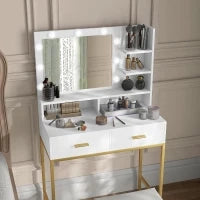 Mobile Toeletta con Specchio, 2 Cassetti, 5 Ripiani e Sgabello, in MDF e Truciolato, 80x40x138 cm, Bianco