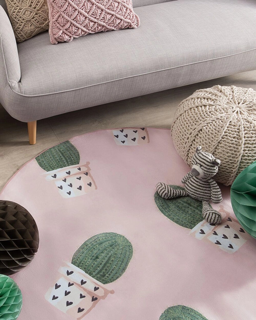 Tappeto Rotondo Rosa e Verde Stampato Cactus ø 120 cm pelo corto per Bambini