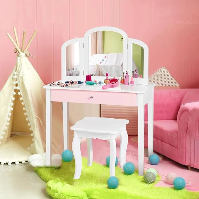 Toeletta Trucco per Bambina, Specchiera Trittica per Ragazza in Legno Robusto con Sgabello e Cassetto, Postazione Trucco 2 in 1 per Cameretta e Cmera da Letto, 95x70x34cm(Bianco)